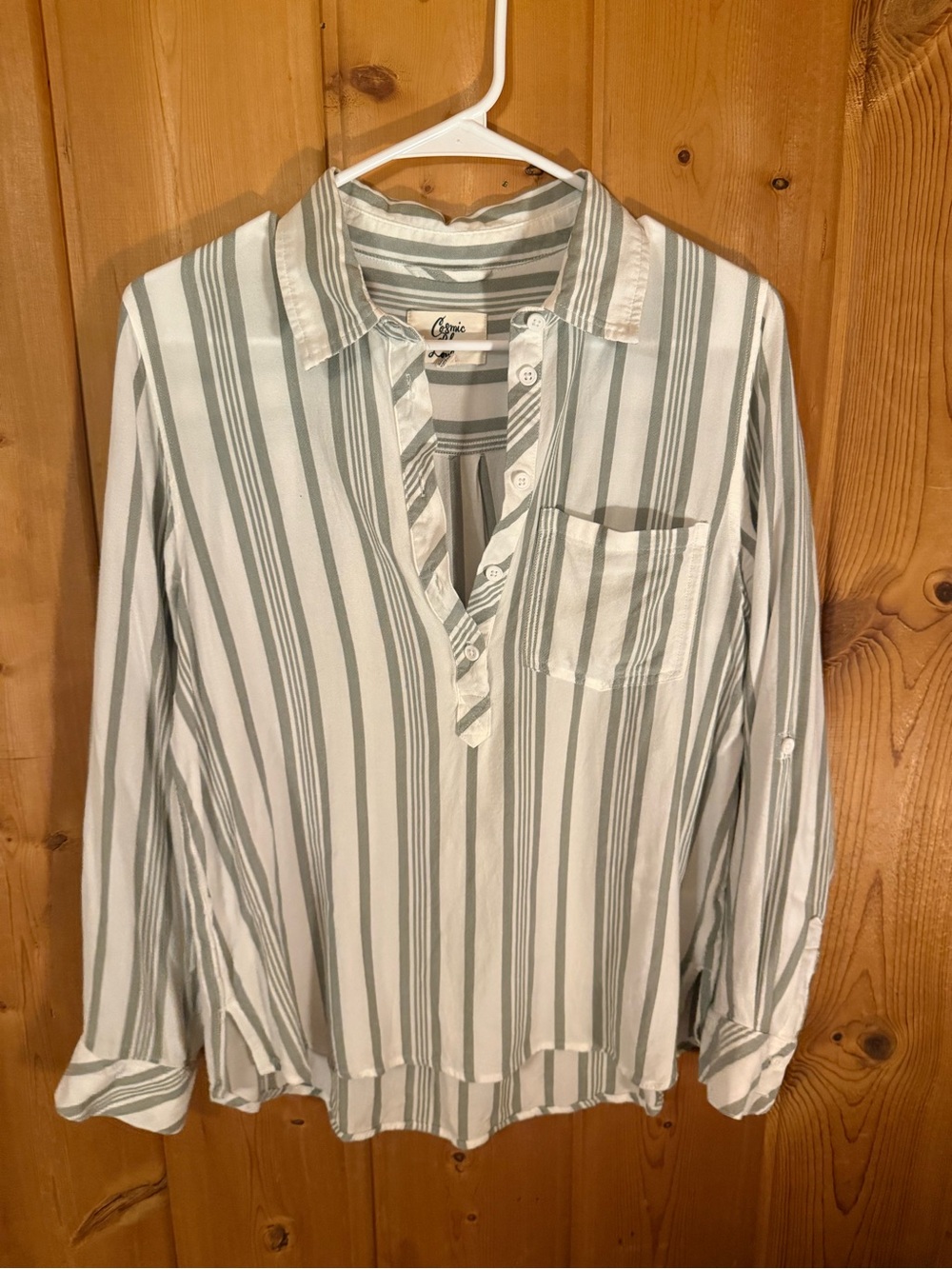 Light Blue & White Striped Button Pullover Blouse